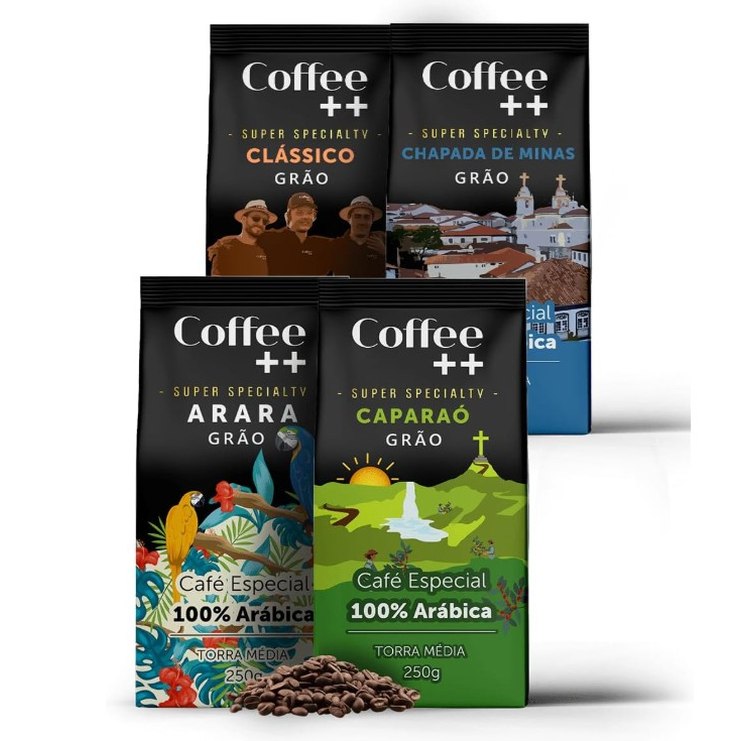 Kit 4 Pacotes Café Especial em Grãos Coffee Mais Variedades: Arara, Caparaó, Chapada de Minas e Clássico - 100% Arábica (4x250g)