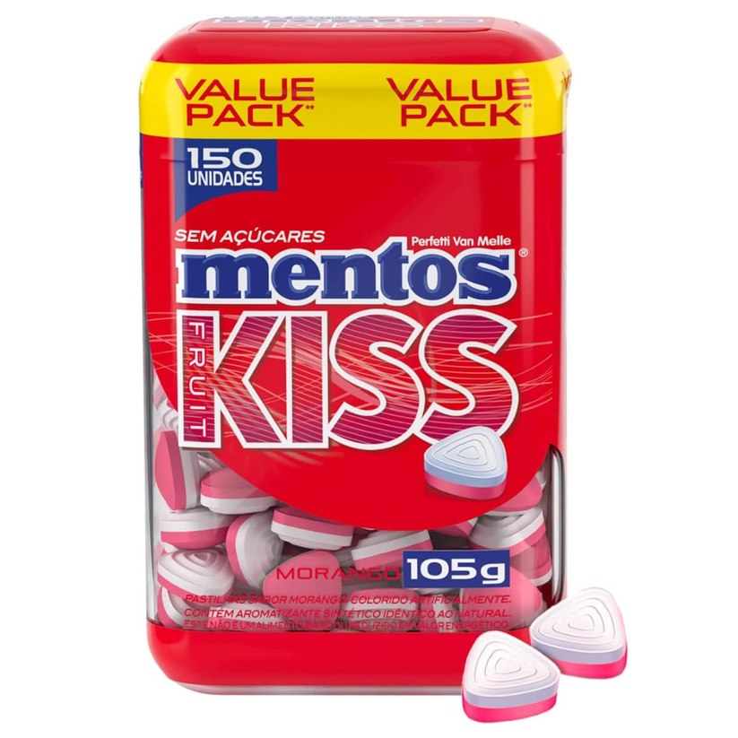 Mentos Kiss Fruit Strawberry Pastilhas Sem Açúcar Sabor Morango - 105g