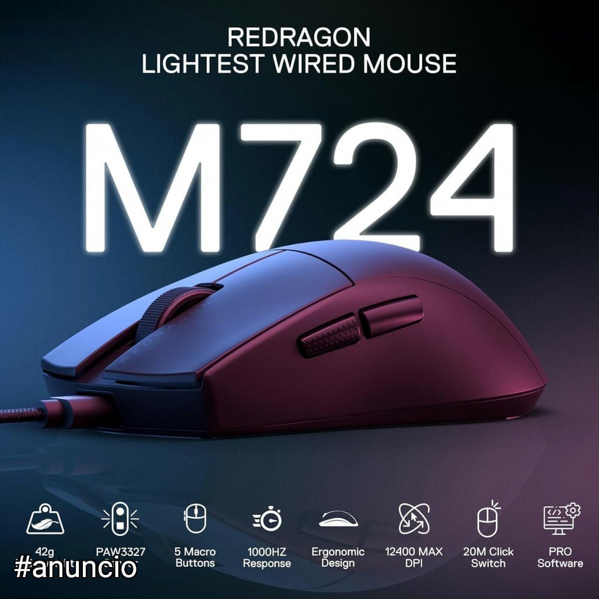Mouse Gamer Redragon K1ng 1K Preto PAW3327 Cabo USB Tipo-C Removível 12400 DPI M724