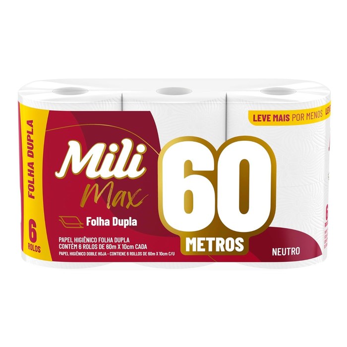 Mili Papel Higiênico Folha Dupla Max Neutro 6 Rolos de 60 metros