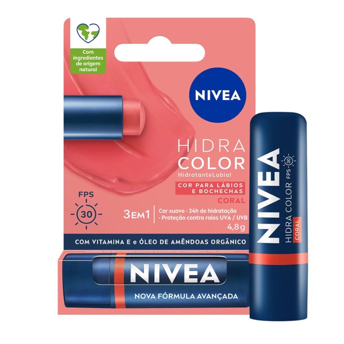 NIVEA Hidratante Labial Hidra Color 3 em 1 Coral 4,8g