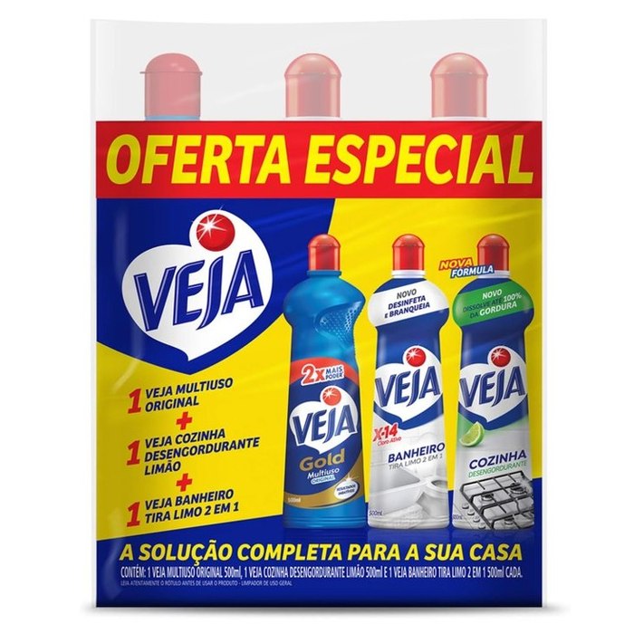 Kit Veja com 3 limpadores (Multiuso, Cozinha e Banheiro) de 500ml cada