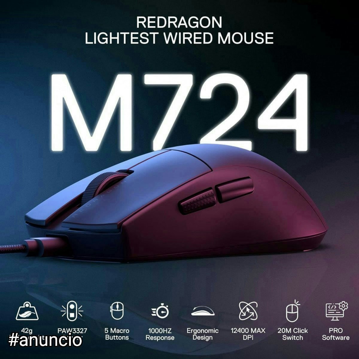 Mouse Gamer Redragon K1ng 1K Preto PAW3327 Cabo USB Tipo-C Removível 12400 DPI M724