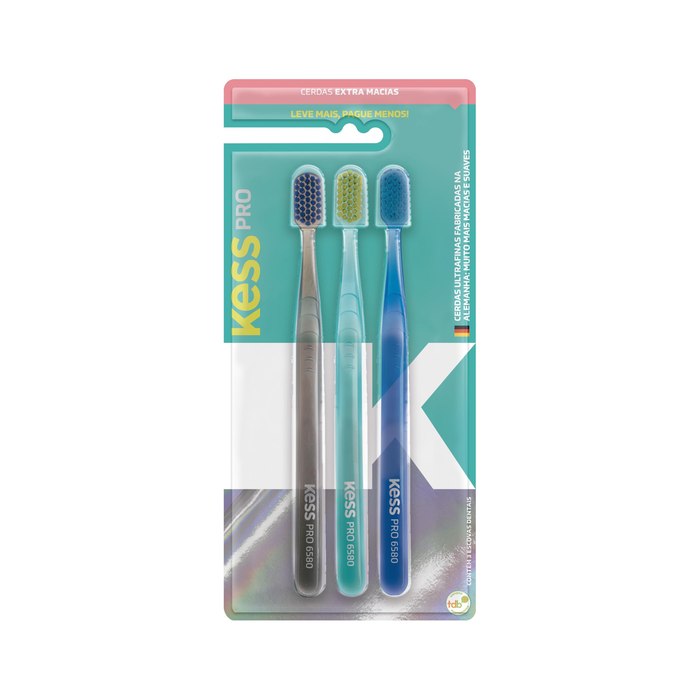 Pack com 3 Escovas Dentais Kess Pro Extra Macias Cores Sortidas