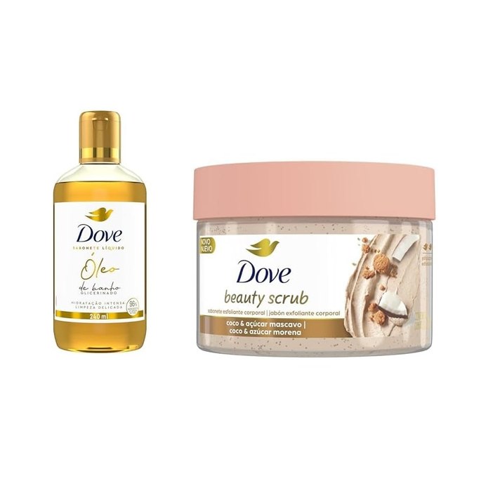 Kit Dove Hidratação Corporal Coco: Óleo de Banho Glicerinado 240ml + Esfoliante Beauty Scrub 280g