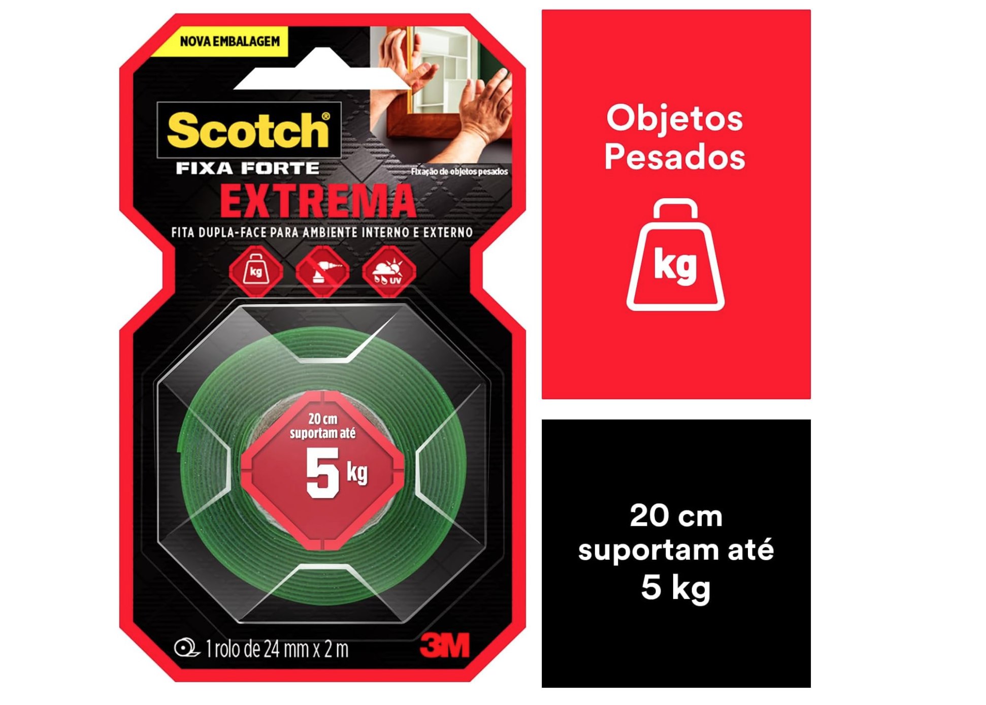 Scotch, 3M, Fixa Forte, Fita Dupla Face, Fixação Extrema, 24mm x 2m