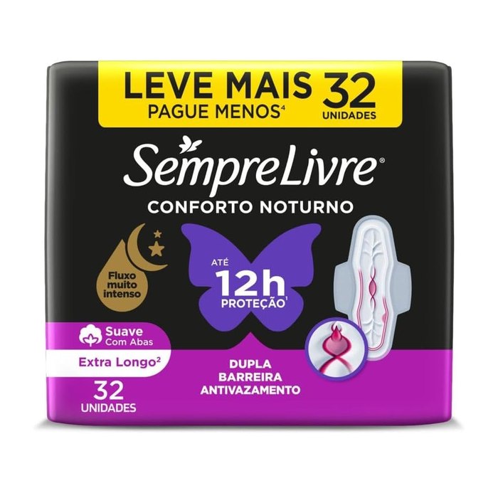 (3 UNIDADES) Absorvente Noturno com Abas Sempre Livre, Cobertura Suave, 32 Unidades