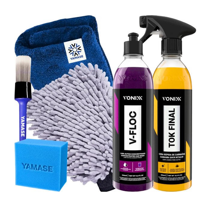 Kit V-Floc Shampoo Neutro Super Concentrado Automotivo + Cera Liquida Protetora Tok Final Vonixx Luva Pano Microfibra