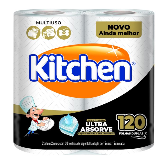 [4 UNIDADES] Papel Toalha Kitchen Folha Dupla - Pack com 2 rolos de 60 unidades