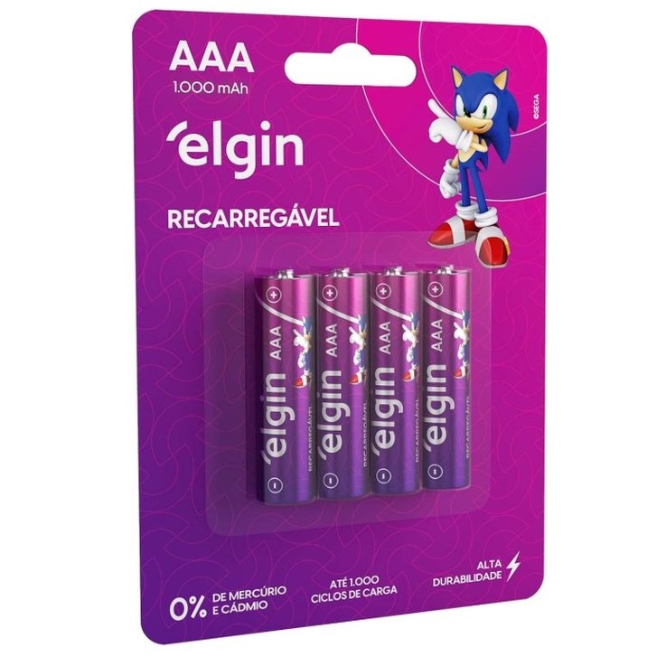 Pilha recarregável AAA 1000mAh Elgin com 4 unidades