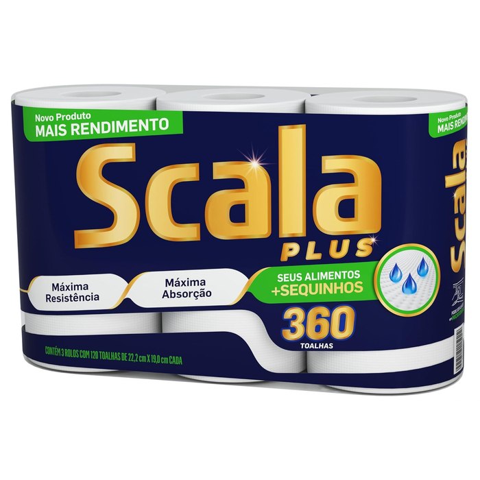Scala Plus Papel Toalha Mega, 360 Toalhas (3 Rolos de 120 Toalhas Cada)