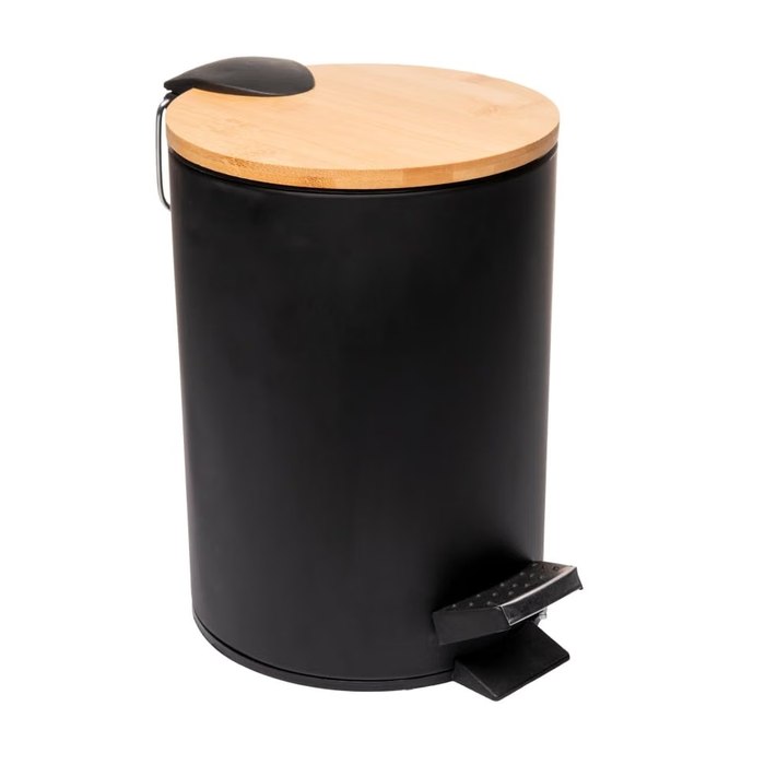Lixeira Redonda de Metal com Pedal e Tampa em Bambu Lyor Preta 3L