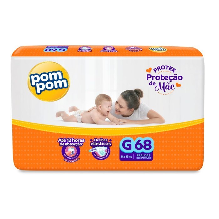 Fralda Pom Pom Protek Proteção de Mãe Hiper G 68 Unidades