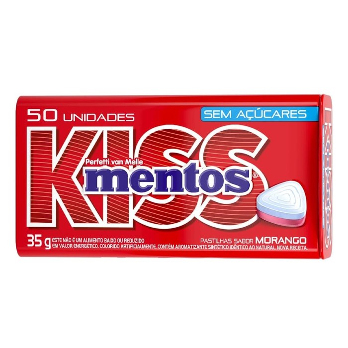 Pastilhas Mentos Kiss Sem Açúcar Sabor de Morango 35g 50 Unidades