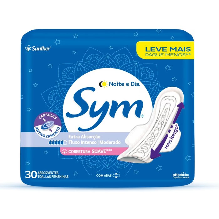 [4 UNIDADES] Sym Absorvente Noite&Dia Cobertura Suave Com Abas Promocional 30 Unidades