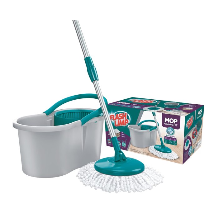 Mop FIT Giratório com 2 refis microfibra, balde com 8 litros