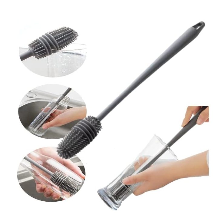 Escova de Silicone para Lavar Garrafas, Mamadeiras, Copos e Taças - Cinza