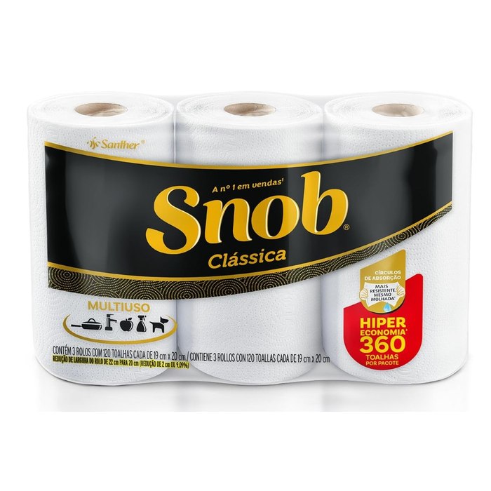 [2 UNIDADES] Snob Papel toalha multiuso folha dupla branca hiper 360fls, 3 rolos