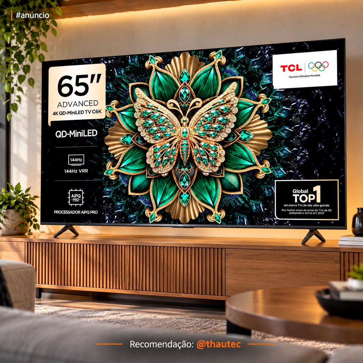 Smart TV 65" 4K QD-Mini Led 144Hz com Sistema Operacional Google TV TCL (65C6K)