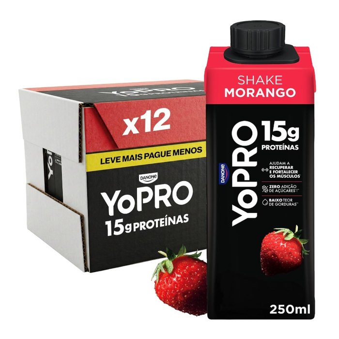YoPRO Bebida Láctea UHT Morango – 15g de Proteínas, Líquido, Caixinha Tetra Pak 250ml (Pack com 12 unidades)