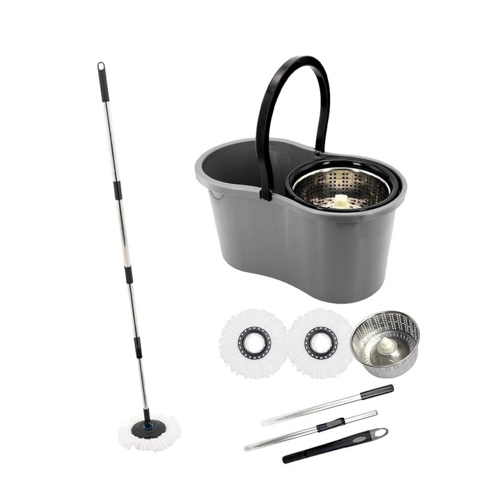 Mop com Balde Giratório Cesto em Inox 9 Litros com 2 Refis de Microfibra