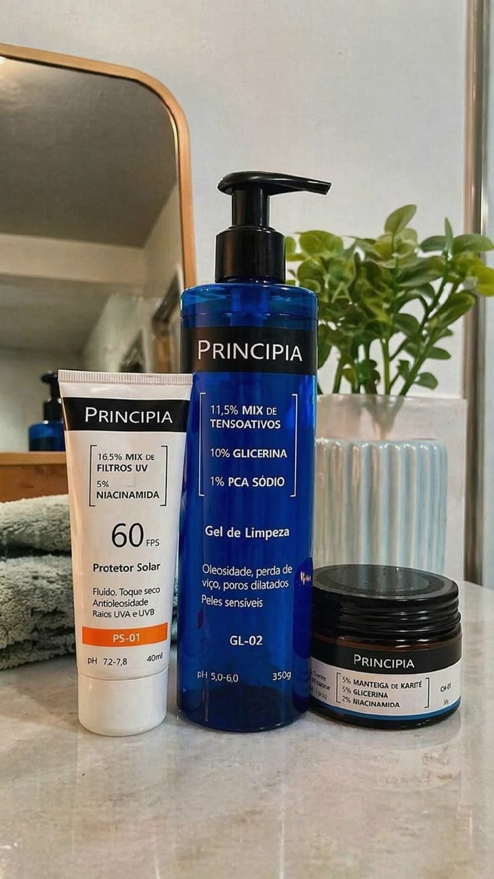 Principia Kit Peles Sensíveis c/ Gel de Limpeza Gl-02 + Creme Hidratante CH-01 + Protetor Solar PS-01 FPS 60