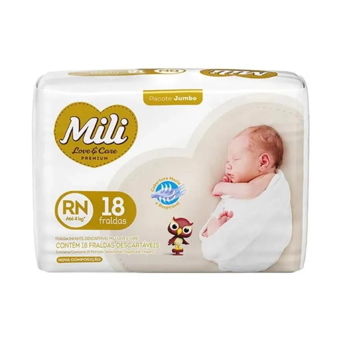Fralda Infantil Mili Love & Care Recém Nascido RN 18 Unidades