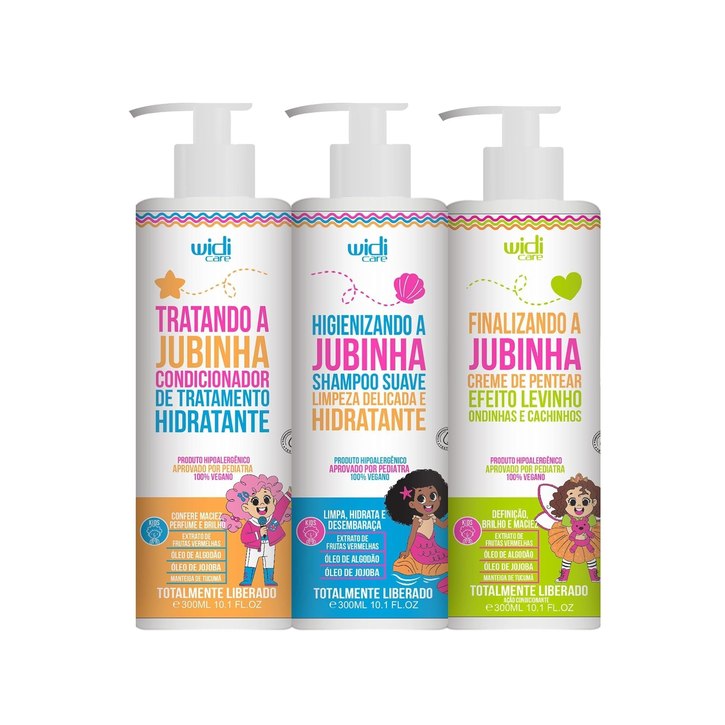 Kit Infantil Widi Care Jubinha Shampoo Condicionador Creme de Pentear Levinho 300ml