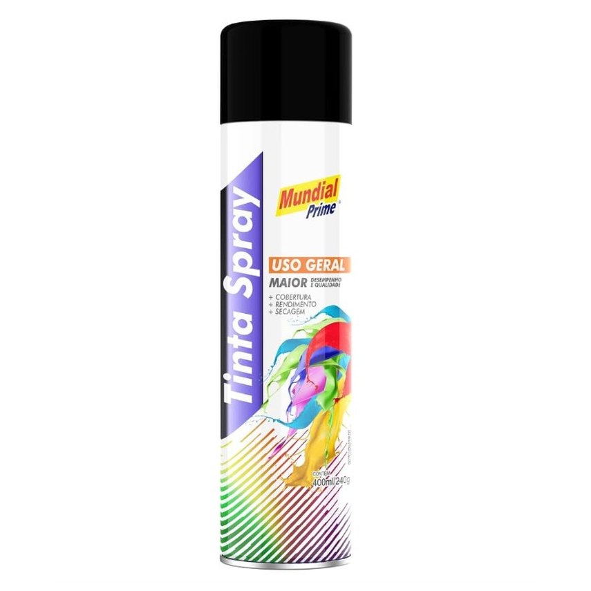 [6 UNIDADES] Tinta Spray Uso Geral 400ml MUNDIAL PRIME Preto Fosco
