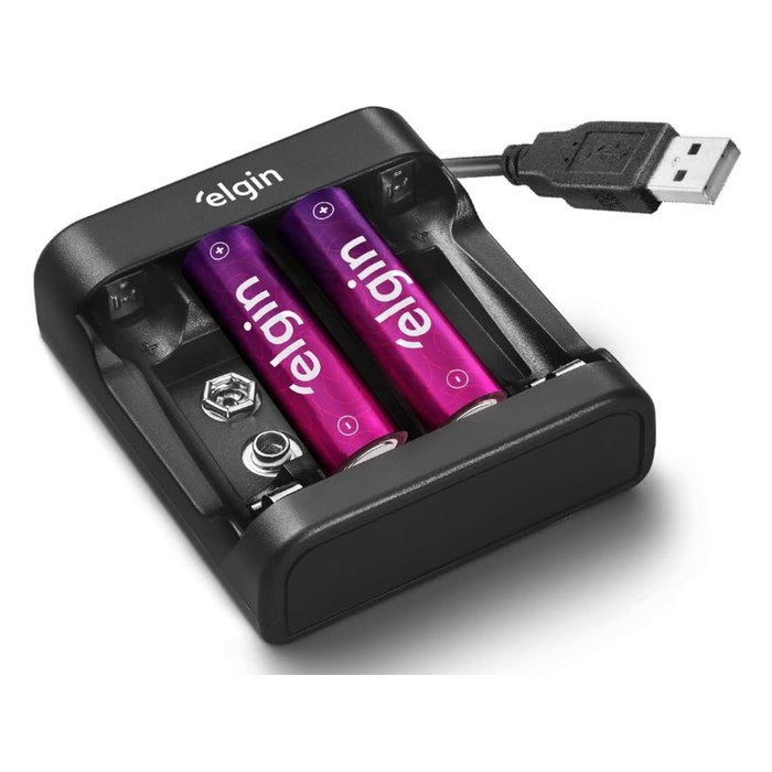 Carregador de Pilhas e Baterias USB com 2 Pilhas AA 1500mAh recarregáveis