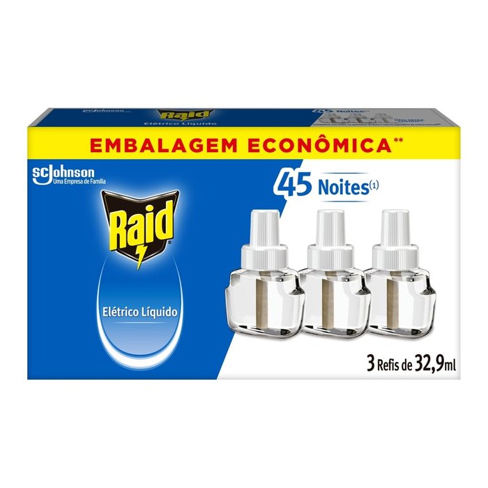 Repelente Eletrico Líquido Raid 45 Noites de Proteção 3 Refis de 32,9ml