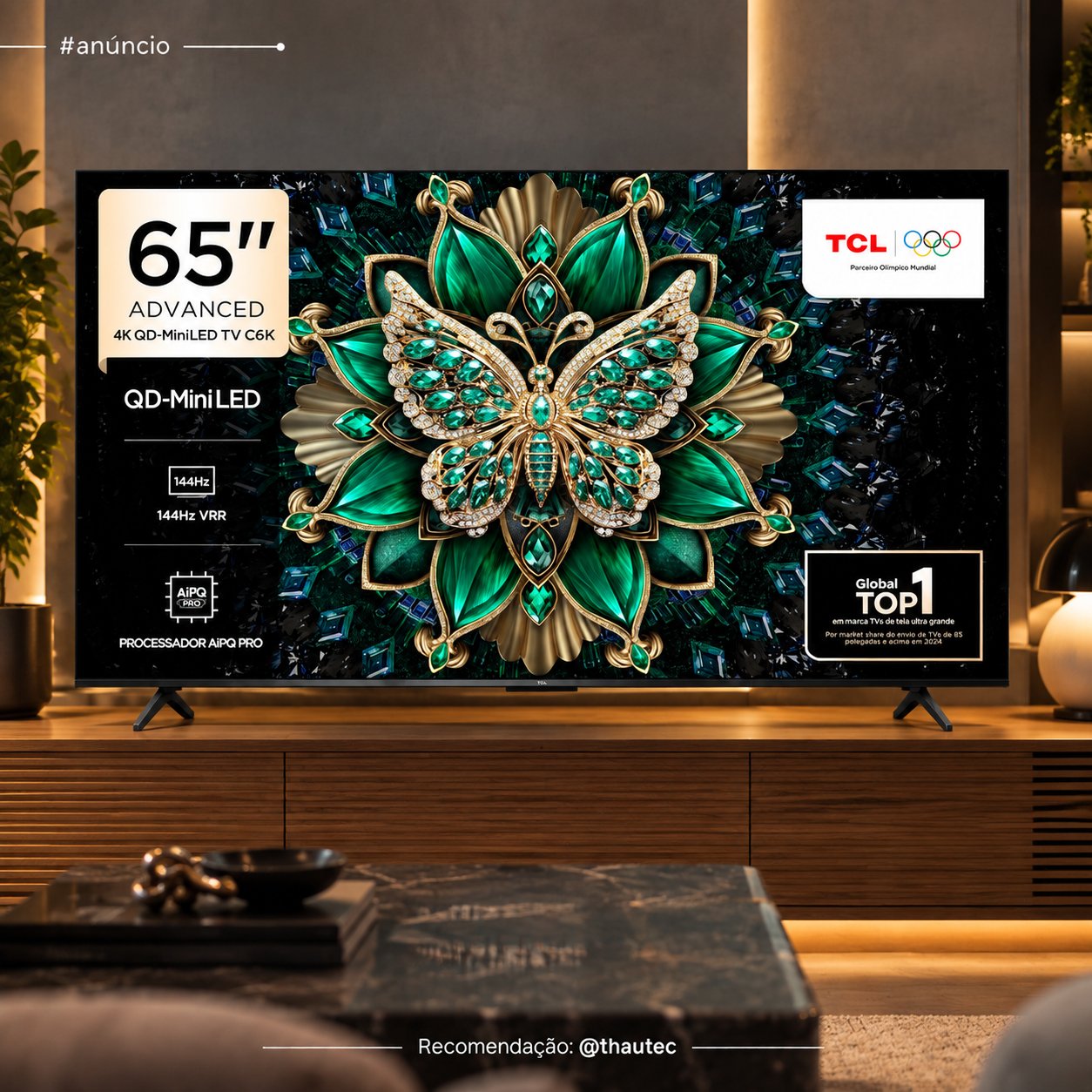 Smart TV 65" 4K QD-Mini Led 144Hz com Sistema Operacional Google TV TCL (65C6K)