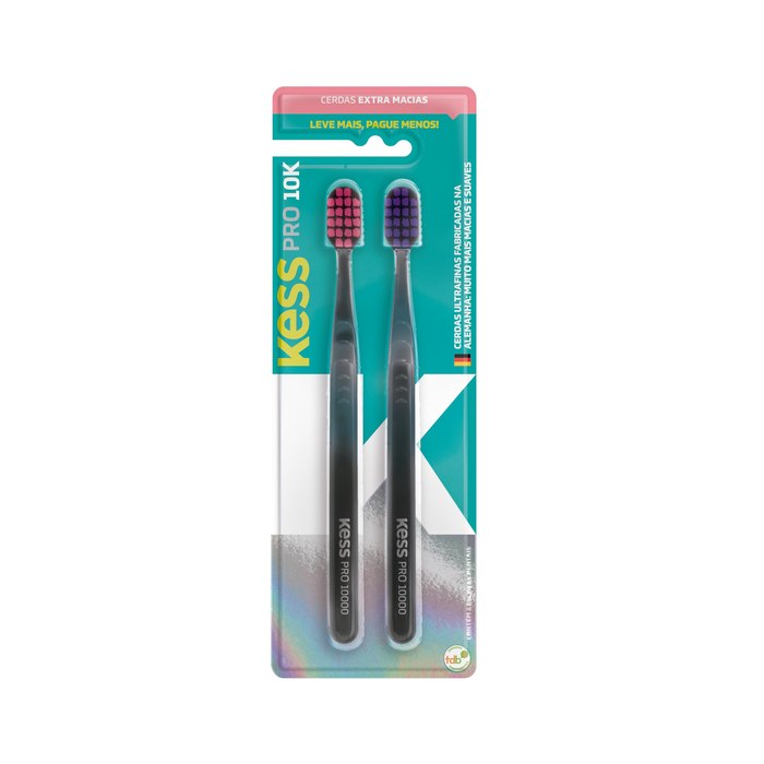 Pack com 2 Escovas Dentais Kess Pro 10K Extra Macias Preto