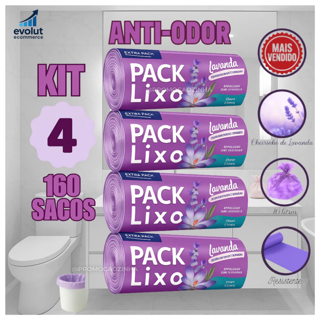 Kit com 4 Rolos de Sacos de Lixo Perfumados Lavanda, 10L - 160 Unidades