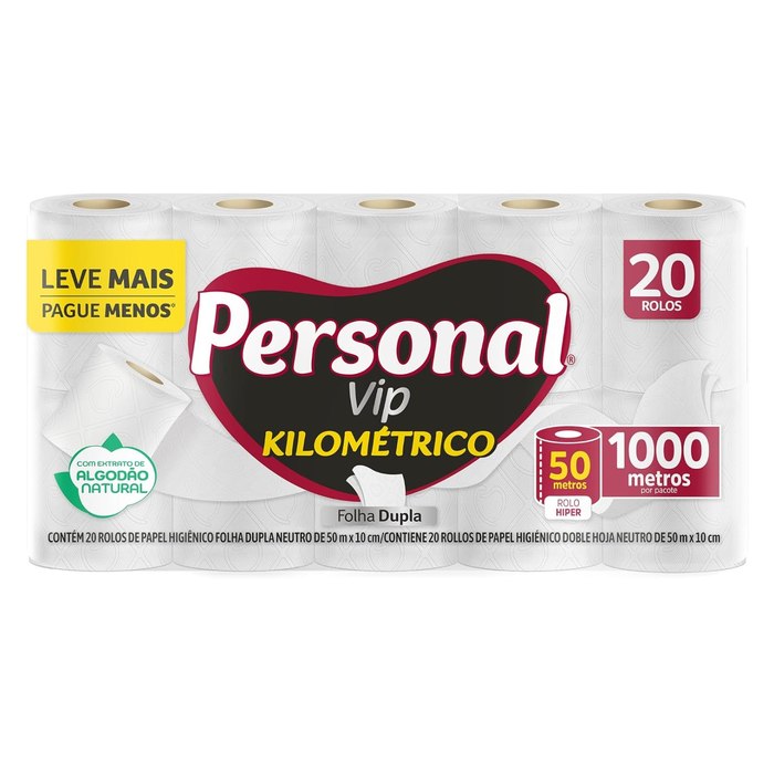 Personal Papel Higiênico Kilométrico Folha Dupla, Com 20 Rolos 50M