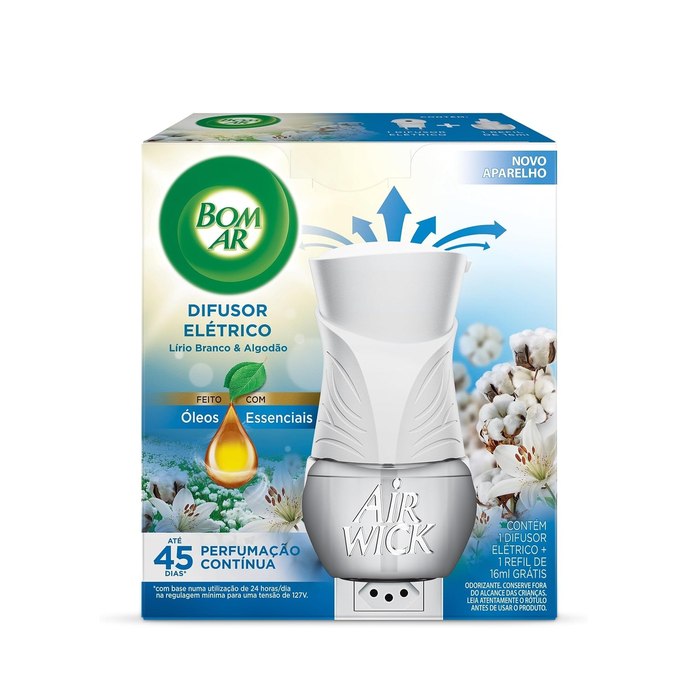 Difusor Elétrico Bom Ar Lirio Branco e Algodão Aparelho + Refil 16ml