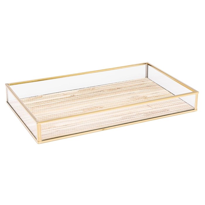 LYOR - Bandeja Retangular de Metal Dourada com Palha 20cm x 30cm x 3cm