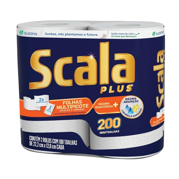 [4 UNIDADES] Scala Plus Papel Toalha Multipicote, 200 Toalhas (2 Rolos de 100 Toalhas Cada)