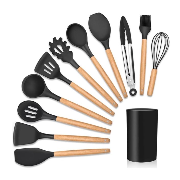 Kit 12 Utensílios De Cozinha Em Silicone E Cabo De Madeira