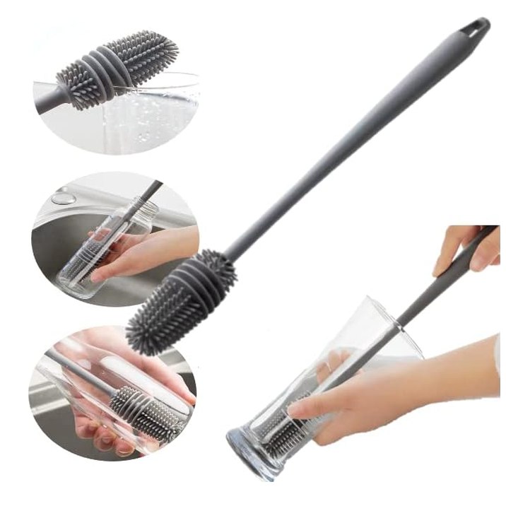 Escova de Silicone para Lavar Garrafas, Mamadeiras, Copos e Taças - Cinza