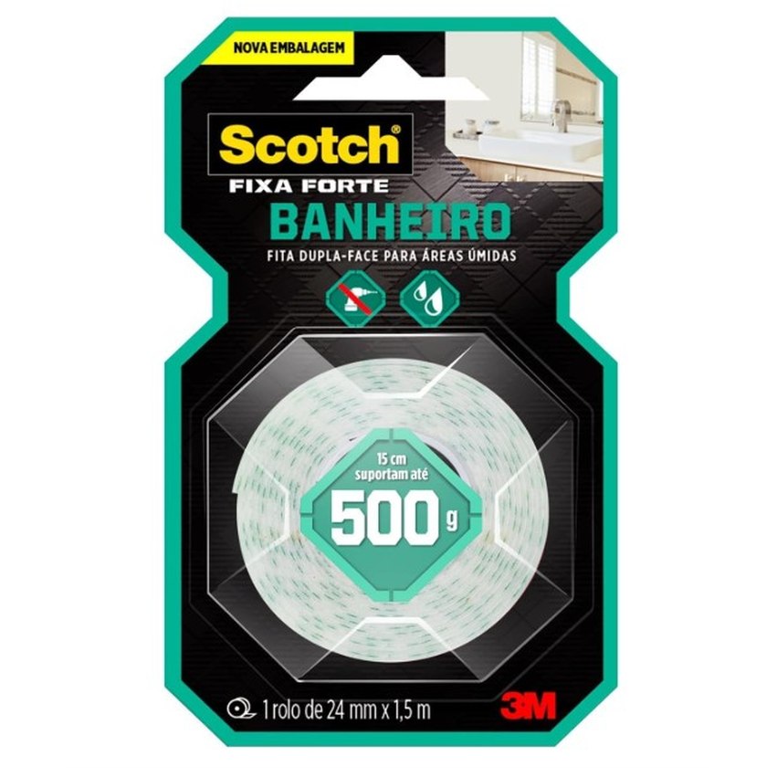 Scotch, 3M, Fixa Forte, Fita Dupla Face para Banheiro, 24mm x 1,5m