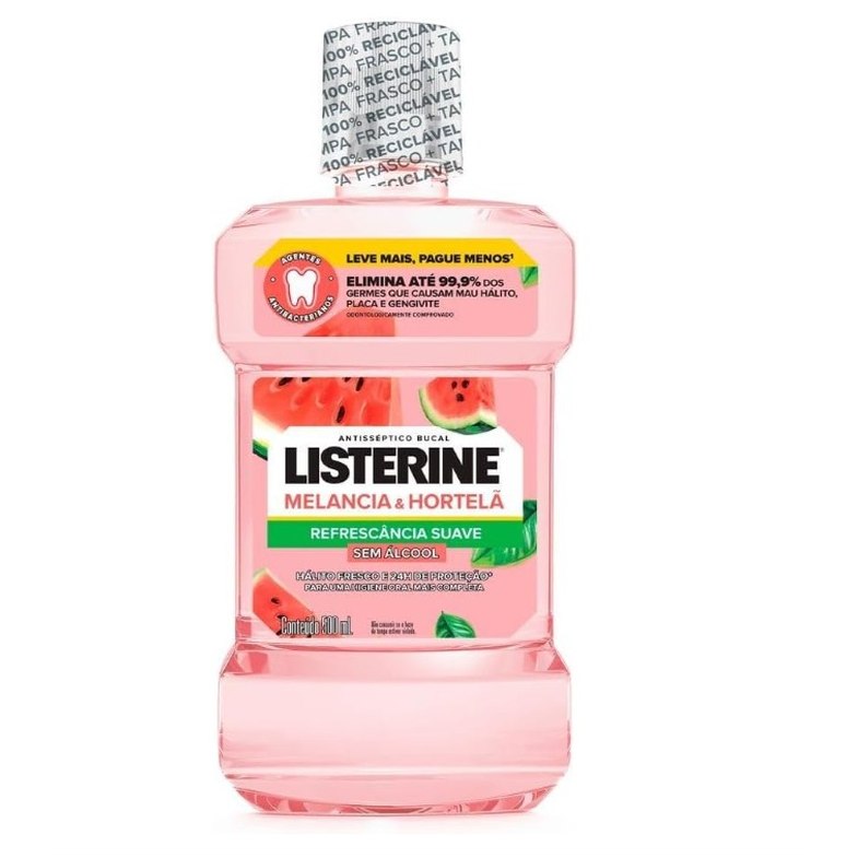 [3 UNIDADES] LISTERINE Melancia & Hortelã Enxaguante Bucal Sem Álcool, 500mL