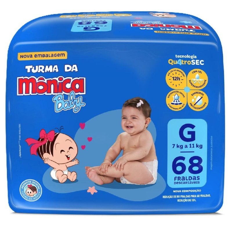 Fralda Turma da Mônica Baby G com 68 Unidades