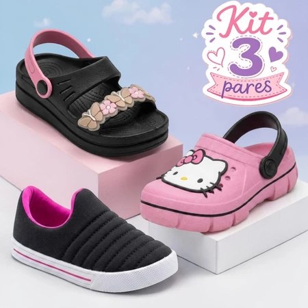 Kit 3 Pares Menina Infantil Babuche + Papete + Tênis Estilo Conforto
