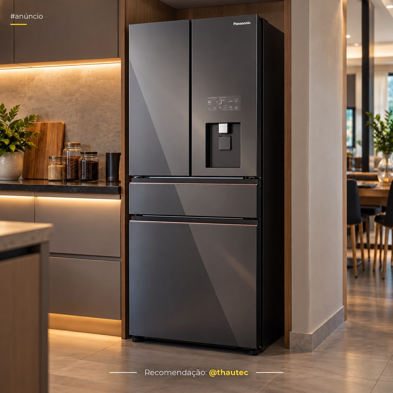 Geladeira French Door 540L Panasonic UniqGlass 4 Portas Frost Free Inverter Dark Glass 110v (DB69)