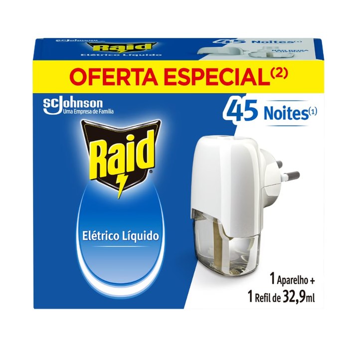 [2 UNIDADES] Raid Repelente Elétrico Líquido 45 Noites, Aparelho e Refil de 32,9ml