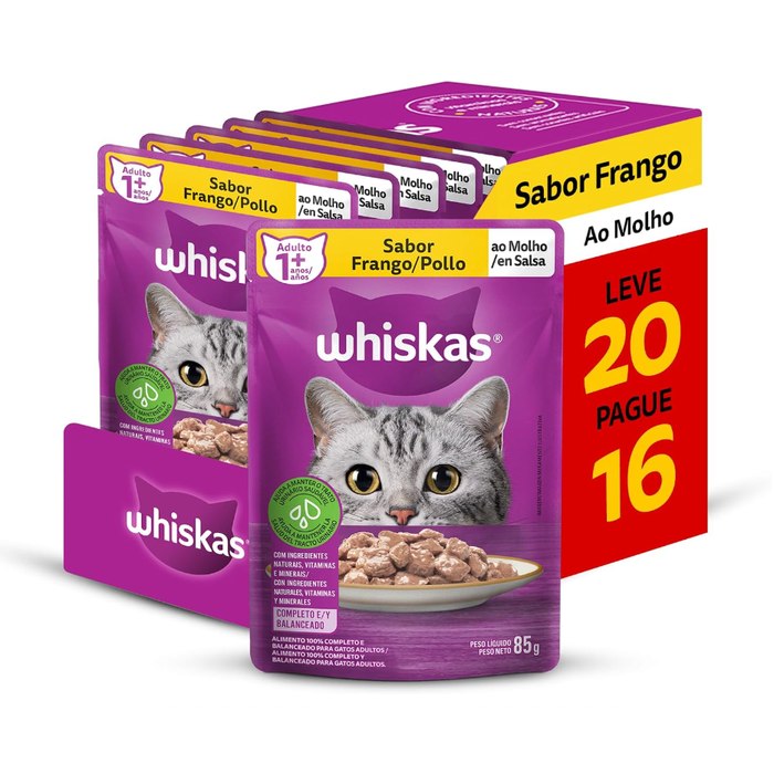 Pack Ração Úmida Whiskas Sachê Frango ao Molho para Gatos Adultos - Leve 20 Pague 16