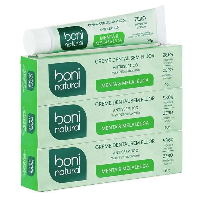 BONI NATURAL - Creme Dental com óleos naturais de Menta e Melaleuca Vegano e Natural 90g, 3 unidades