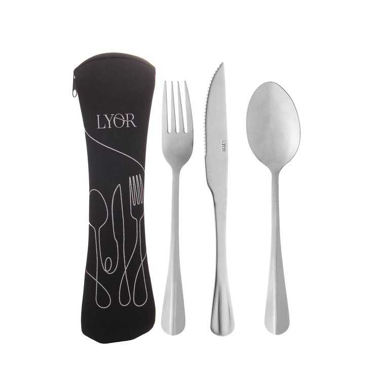 Conjunto 4 peças Lyor Estojo de Neoprene Preto com 3 Talheres Positano Aço Inox