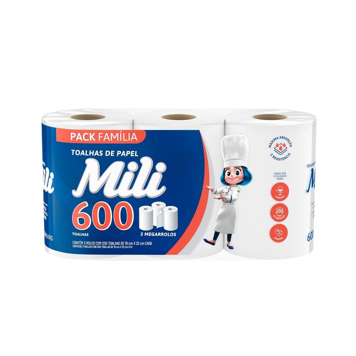 Papel Toalha Folha Dupla Mili 3 Rolos de 200 Folhas